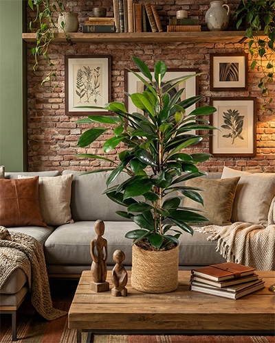 Ficus cyathistipula en pot, feuillage vert brillant, mis en scène dans un salon chaleureux.